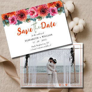 Modern Orange Pink Watercolor Floral Photo Wedding Save The Date