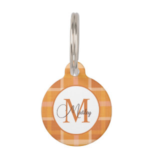 Modern Orange Plaid Monogram Name Custom Pet Tag