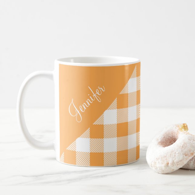 Modern Orange Plaid Pattern Name Coffee Mug (With Donut)