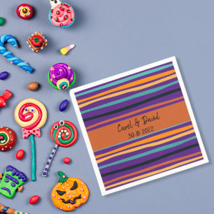 Modern Orange Purple Striped Halloween Wedding Napkin