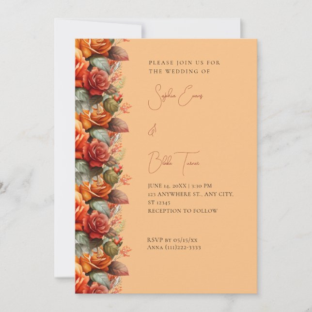Modern Orange Roses Fall Orange Wedding Invitation (Front)