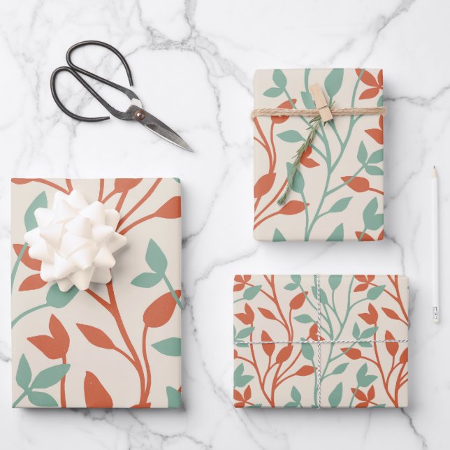 Modern Orange & Sage Botanical Vine Pattern Wrapping Paper Sheet (Front)
