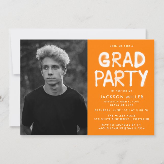 Modern Orange Spray Paint Photo Graduation Party Invitation (Front)