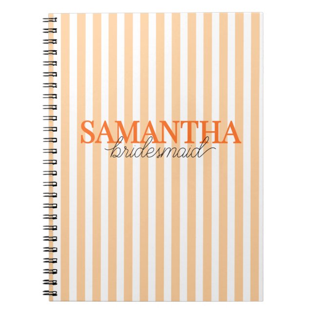 Modern Orange Striped Script Bridesmaid Name Notebook (Front)