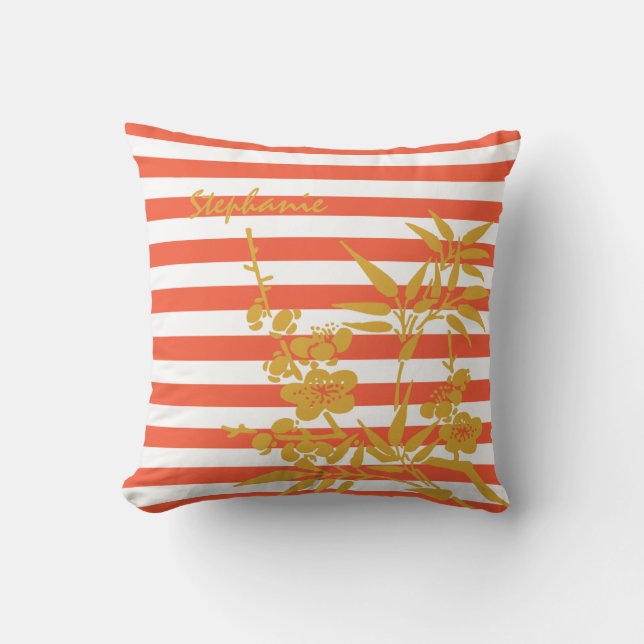Modern Orange Stripes Gold Coloured Floral and Nam Cushion (Front)