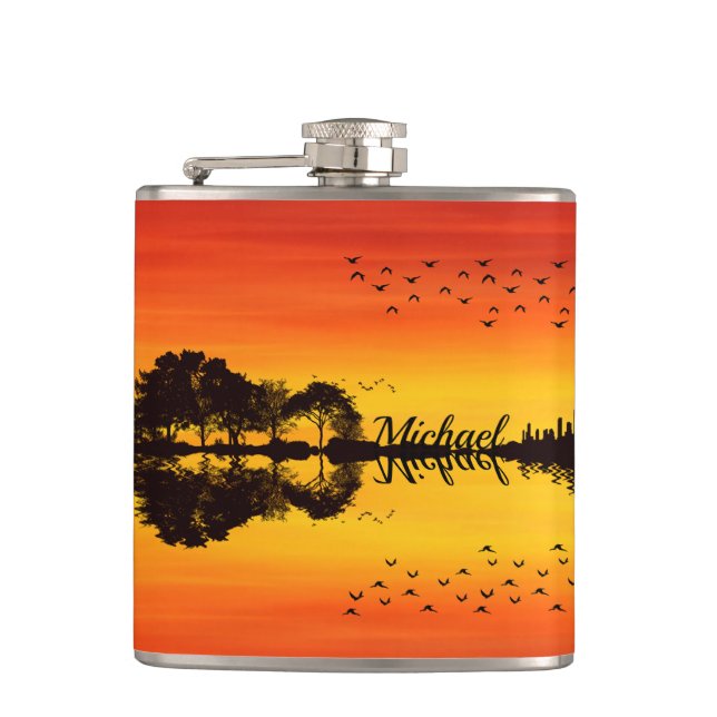 Modern Orange Sunset Guitarist Name Watercolor Hip Flask (Front)