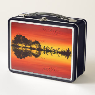 Modern Orange Sunset Guitarist Name Watercolor Metal Lunch Box