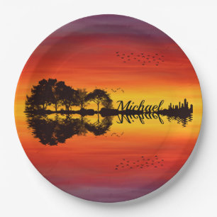 Modern Orange Sunset Guitarist Name Watercolor Paper Plate