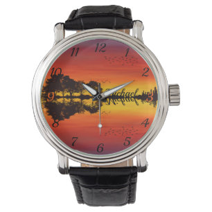 Modern Orange Sunset Guitarist Name Watercolor Watch