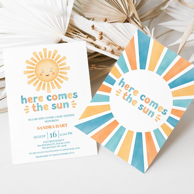Modern Orange Teal Here Comes The Son Baby Shower Invitation (Here Come The Son Baby Shower Invitation Template, Modern Retro, Sun Themed Baby Shower invitation)