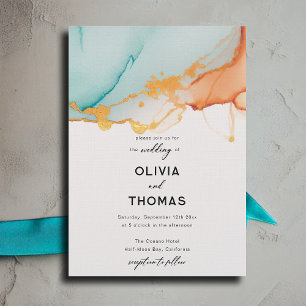 Modern Orange Teal Minimalist Romance Fall Wedding Invitation