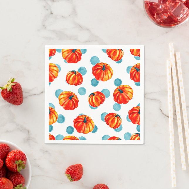 Modern Orange Thanksgiving Pumpkin Blue Polka Dots Napkin (Insitu)
