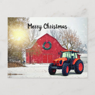  Modern Orange Tractor in Barnyard Christmas  Postcard