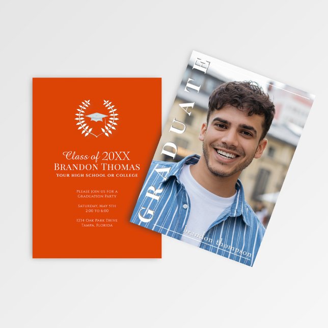 Modern Orange Vertical Name Graduation Photo Card (Class of 2026 graduation party card with orange back and elegant laureate cap design.)