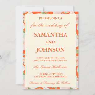 Modern Orange Vintage Ivory Floral Photo Wedding Invitation