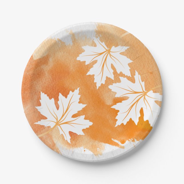 Modern orange watercolor and maple leaves paper plate (Front)