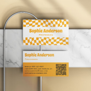 Modern Orange Wavy Chequerboard QR Code Business Card