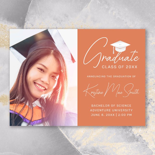 Modern Orange White Cap Photo College Graduation Announcement (Modern Orange White Script Photo College Graduation Announcement)