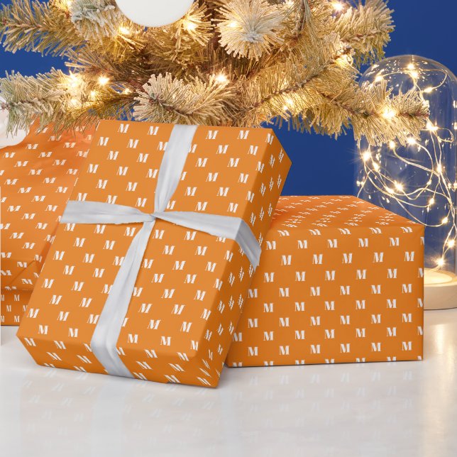 Modern orange white custom monogram initial letter wrapping paper (Holidays)