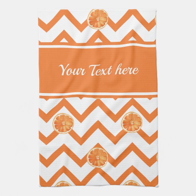 Modern orange white pattern with text personalise tea towel (Vertical)