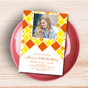 Modern Orange Yellow Digital Frame Photo Birthday  Invitation