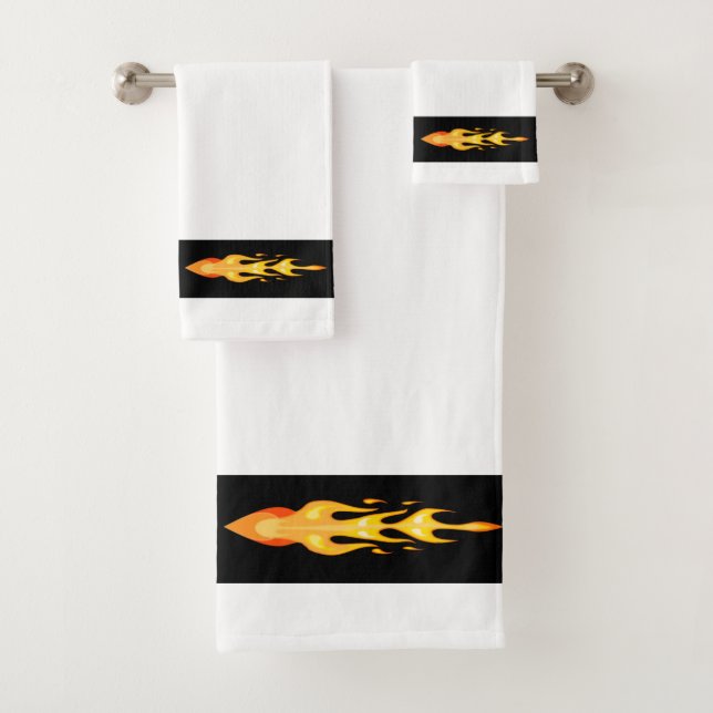 Modern Orange Yellow Fire Flame on Black & White Bath Towel Set (Insitu)