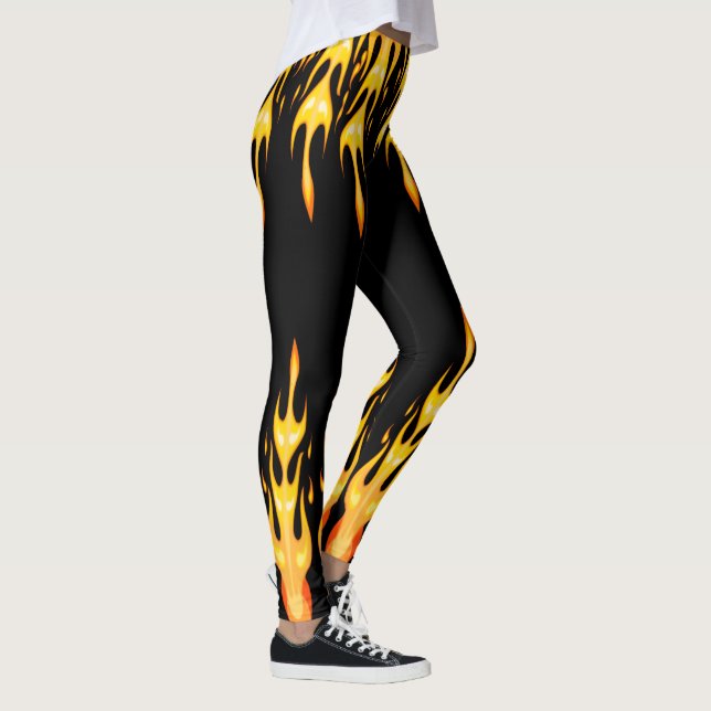 Modern orange yellow fire flames on black leggings (Right)