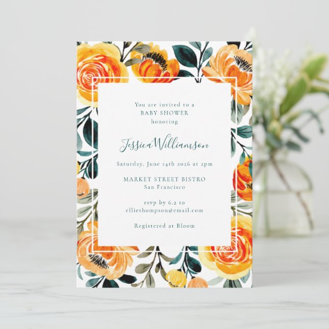 Modern Orange Yellow Floral Garden Baby Shower Invitation (Standing Front)