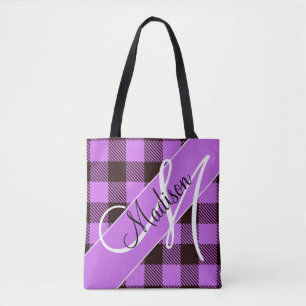 Modern Orchid Black Plaid Tartan   Add Your Name Tote Bag