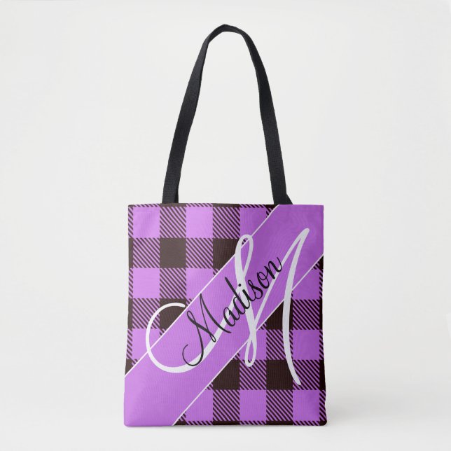 Modern Orchid Black Plaid Tartan | Add Your Name Tote Bag (Front)