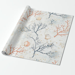 Modern Organic Coral Branches Beige Blue Wrapping Paper