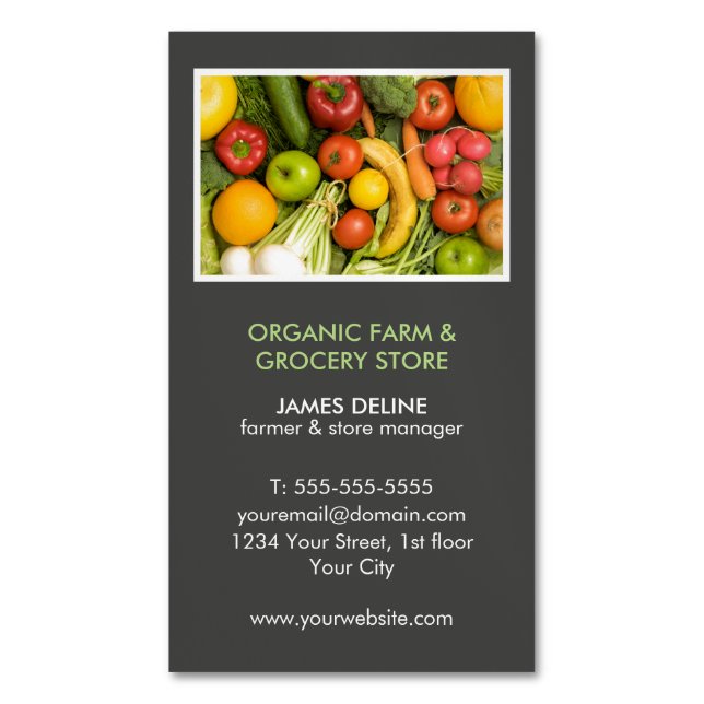 Modern Organic Farm Grocery Store Magnetic Business Card (Front Vertical)