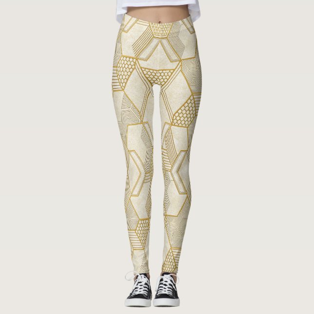 Modern Organic Hexagon Pattern | Cream and Beige 2 Leggings (Front)