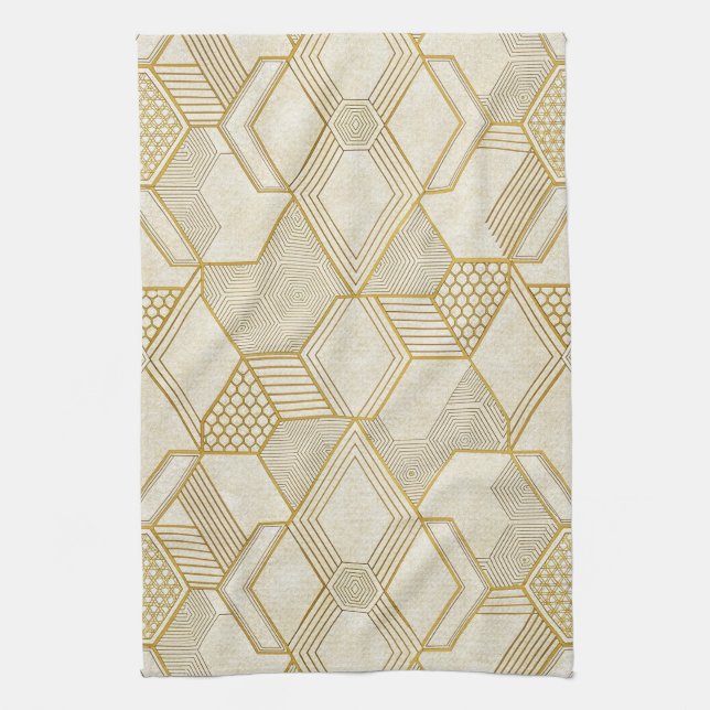 Modern Organic Hexagon Pattern | Cream and Beige 2 Tea Towel (Vertical)