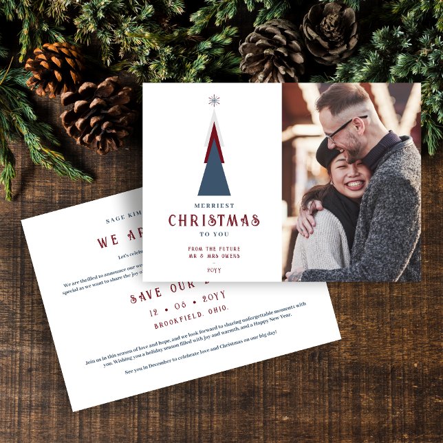 Modern Original Christmas Tree Photo Couple Save The Date (Modern Original Christmas Tree with Photo Holiday Card with Envelope as a Wedding Save the Date. )