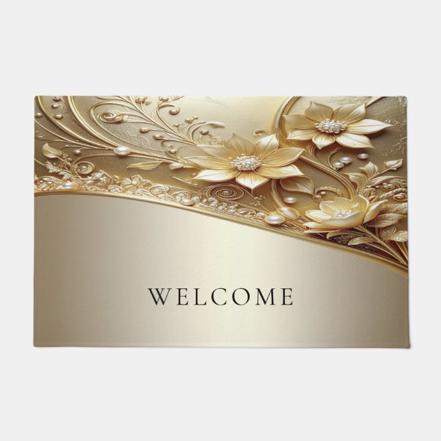 Modern Ornate Gold Floral Doormat (Front)