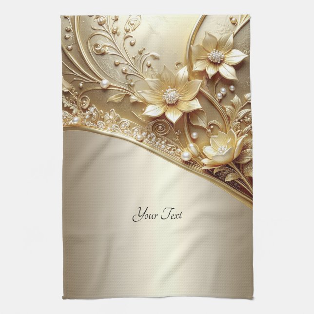 Modern Ornate Gold Floral Kitchen Towel (Vertical)