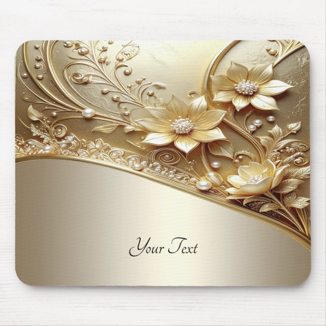 Modern Ornate Gold Floral with Pearls Mousepad (Front)