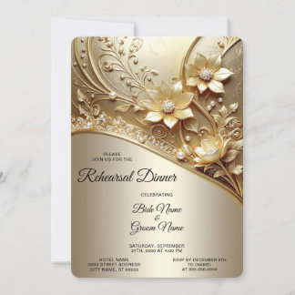 Modern Ornate Gold Floral with Pearls Rehearsal Invitation