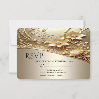 Modern Ornate Gold Floral with Pearls RSVP Card