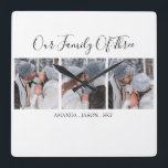 Modern Our Family Of Three | Photo Square Wall Clock<br><div class="desc">Ths stylish modern 3 photo wall clock is the perfect gift for friends and family. The pillow features the text 'OUR FAMILY OF THREE AND THE FAMILY MEMBERS NAMES', plus 3 of your favourite family pictures. The text is all easily edited and the font styles, sizes and colours can be...</div>