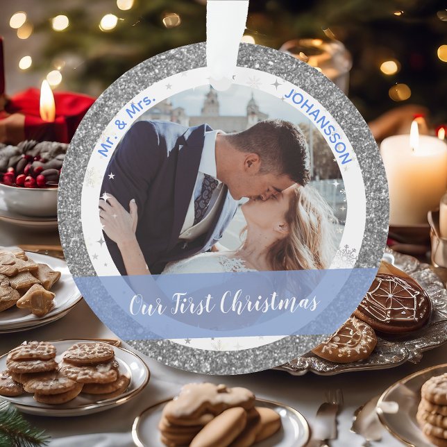 Modern Our First Christmas as Mr and Mrs 2 Photos Ornament (Our First Christmas as Mr. and Mrs. Elegant Silver Glitter Christmas Ornament 2 Photos Snowflakes)