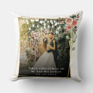 Modern Our First Christmas As Mr & Mrs Floral  Cushion