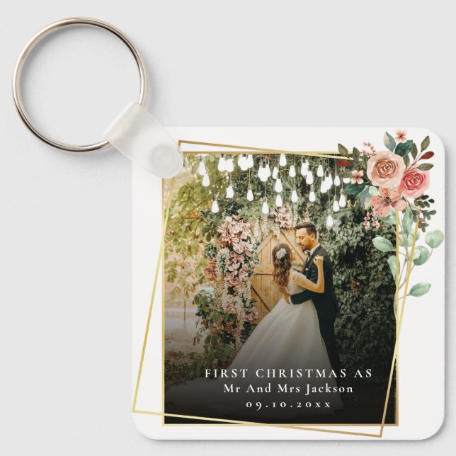 Modern Our First Christmas As Mr & Mrs Floral  Key Ring (Front)