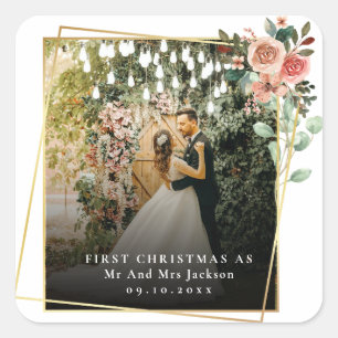 Modern Our First Christmas As Mr & Mrs Floral Square Sticker