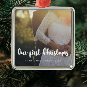 Modern Our First Christmas couple photo Metal Tree Decoration