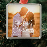Modern Our First Christmas couple photo Metal Tree Decoration<br><div class="desc">A modern typography for this photo ornaments collection. To customise with your favourite picture. You can also easily change the colour of the font to your liking.</div>