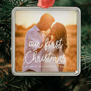 Modern Our First Christmas couple photo Metal Tree Decoration