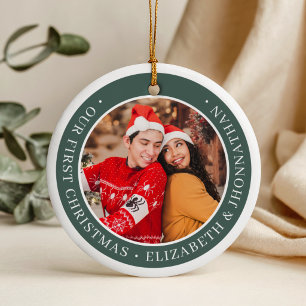 Modern Our First Christmas Couple Photos Green Ceramic Tree Decoration