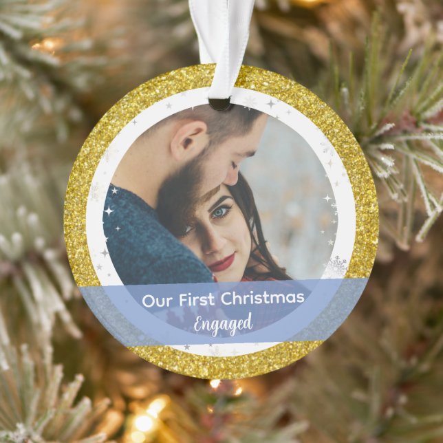 Modern Our First Christmas Engaged 2 Photos Ornament (Tree)